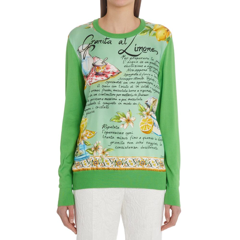 Dolce & Gabbana Lemon Granita‎ Print Green Silk Crewneck Sweater NWT